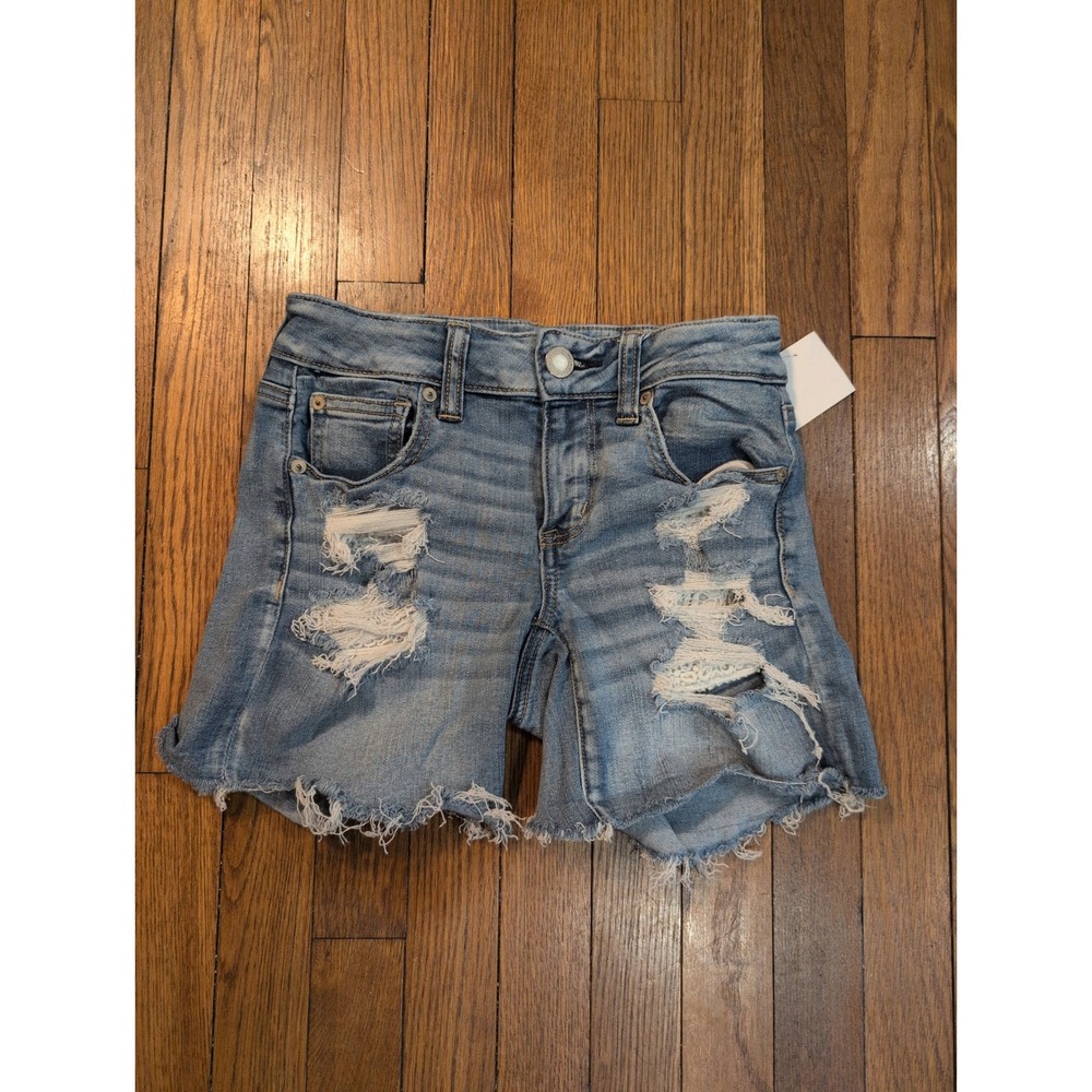 American Eagle Next Level Stretch Distressed Cut-off Denim Shorts Blue Womens 4